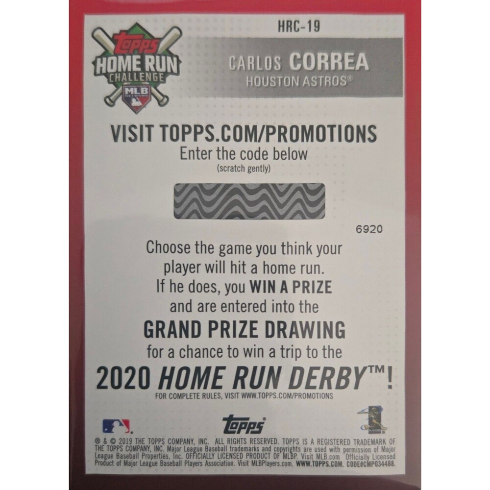 2019 Topps - Home Run Challenge Code Card Series 2 Carlos Correa #HRC-19 - Picture 2 of 2